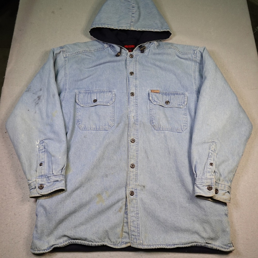 Wolverine Hooded Denim Shirt Jacket Mens Large Shacket Fleece Lined Workwear
